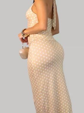Sleeveless Beige Polka Dot Maxi Dress